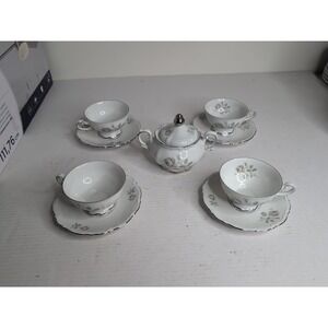 Vtg Mitterteich MYSTIC ROSE 4 Tea cup & Saucer Sets Platinum Bavaria + Sugar